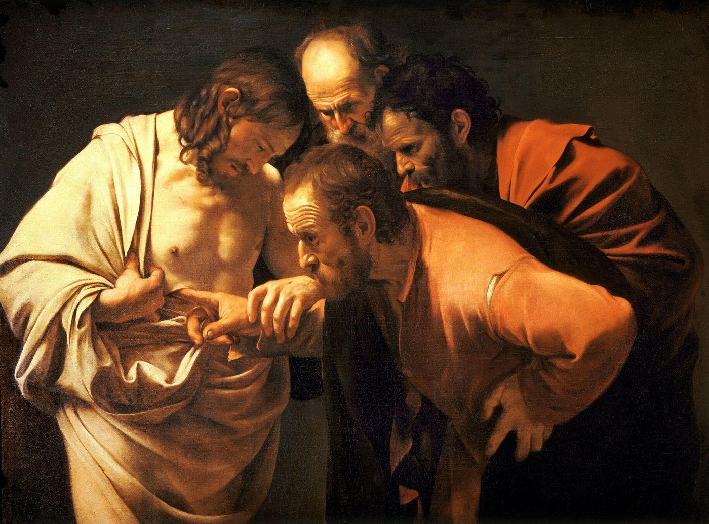 Thomas legt seinen Finger in die Seitenwunde des auferstandenen Jesus, der seine Hand führt; zwei Apostel beugen sich prüfend darüber.
