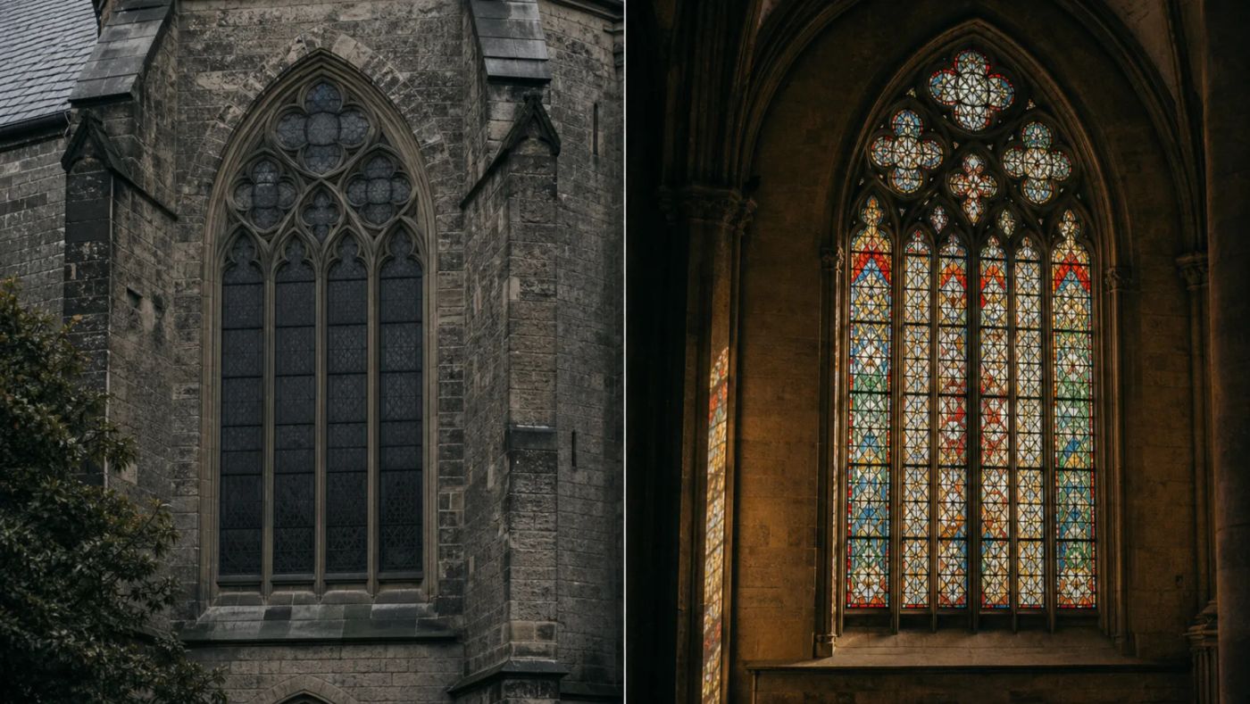 Zwei gotische Kirchenfenster nebeneinander: links ein Fenster von außen mit dunklem Glas, rechts ein anderes von innen mit farbig leuchtenden Scheiben.