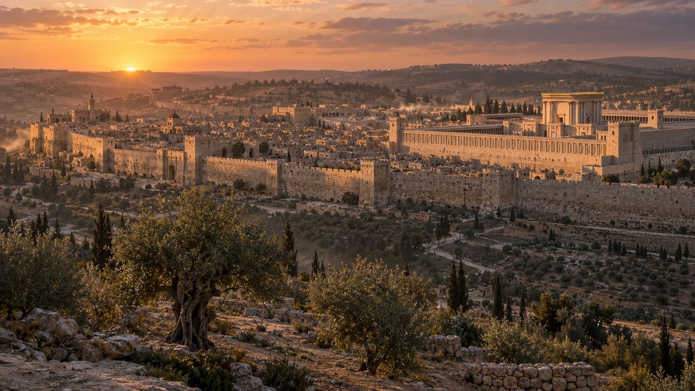 Jerusalem in der Abenddämmerung, vom Ölberg aus gesehen, mit Stadtmauer und Tempel.