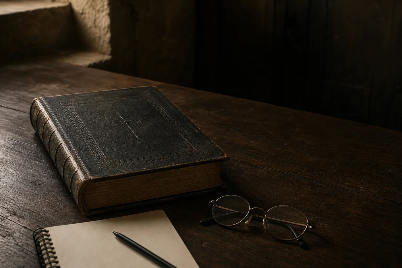 Auf einem dunklen Holztisch liegen ein altes Buch mit eingeprägtem Kreuz, eine Brille, ein Spiralblock und ein Stift.
